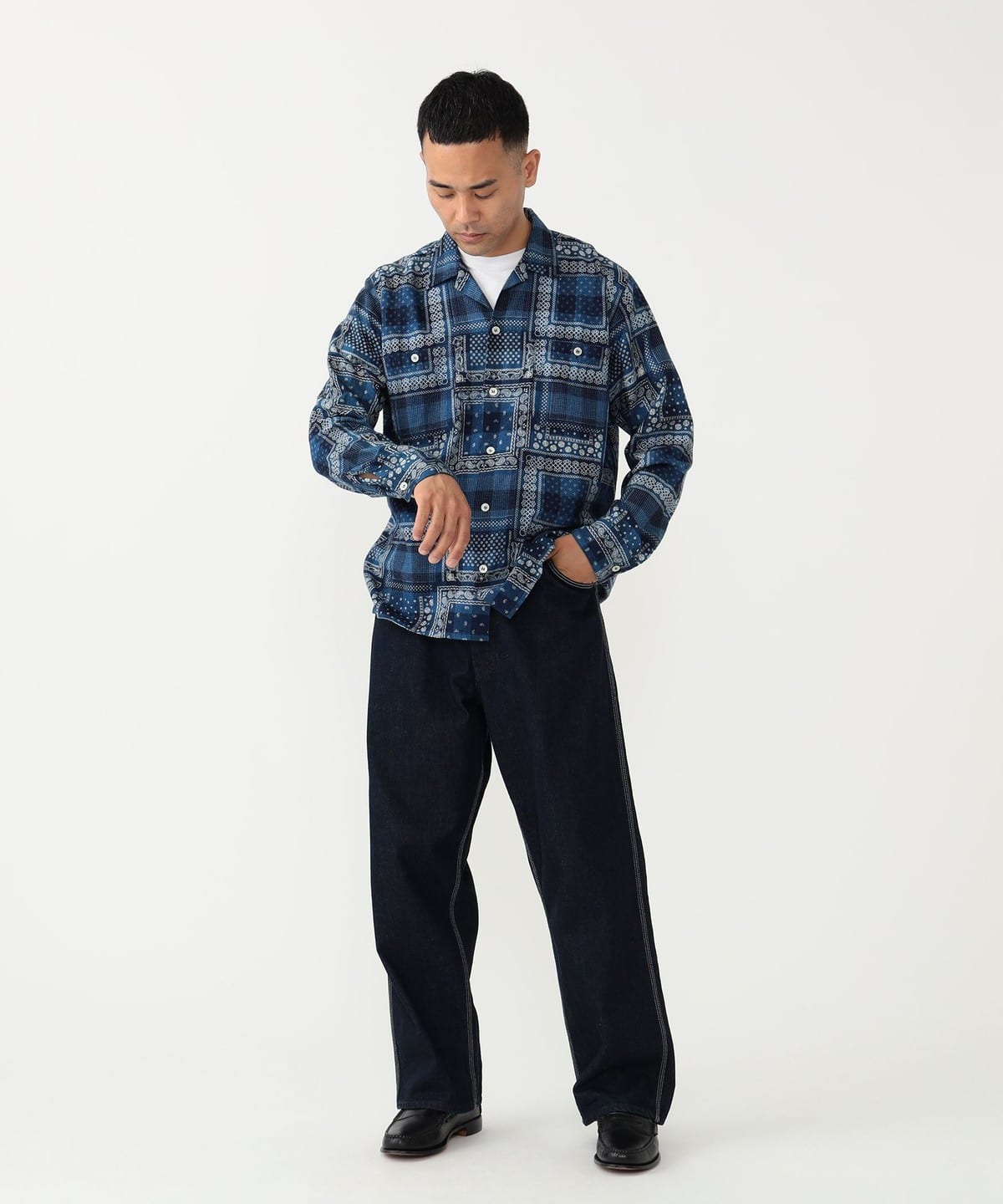 MIL Open Collar Indigo Plaid Discharge Print