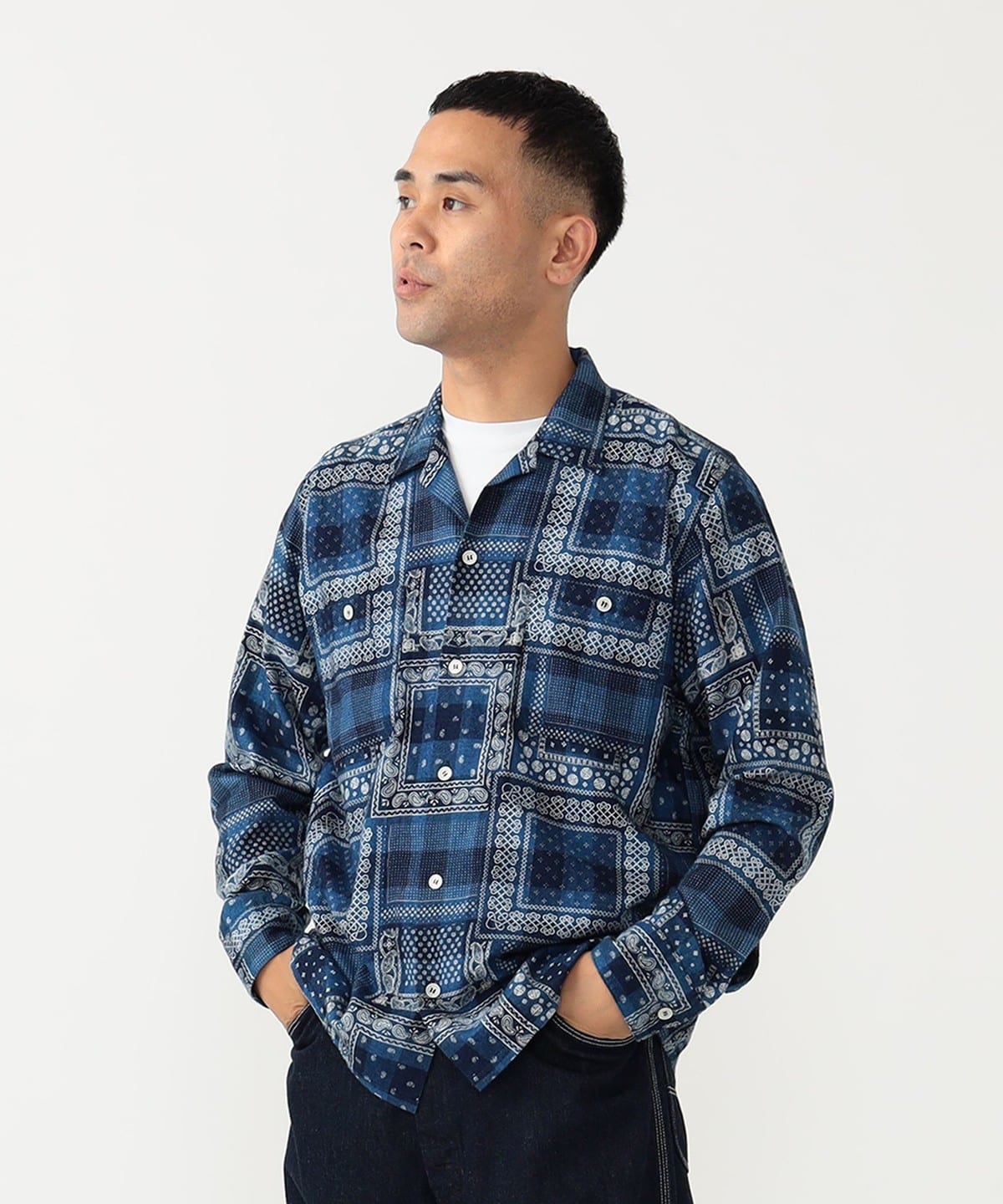 Beams Plus - MIL Open Collar Indigo Plaid Discharge Print - Shirt - thegoodlife.