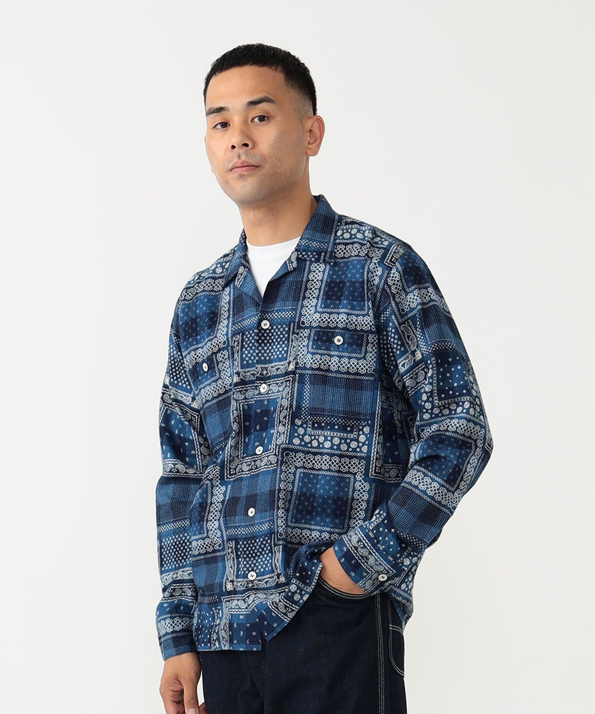 Beams Plus - MIL Open Collar Indigo Plaid Discharge Print - Shirt - thegoodlife.