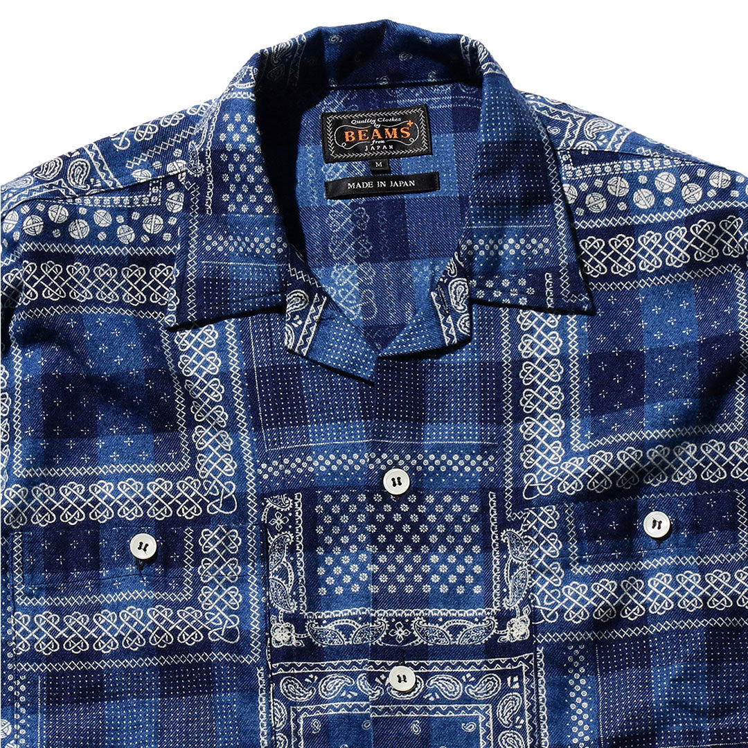 Beams Plus - MIL Open Collar Indigo Plaid Discharge Print - Shirt - thegoodlife.