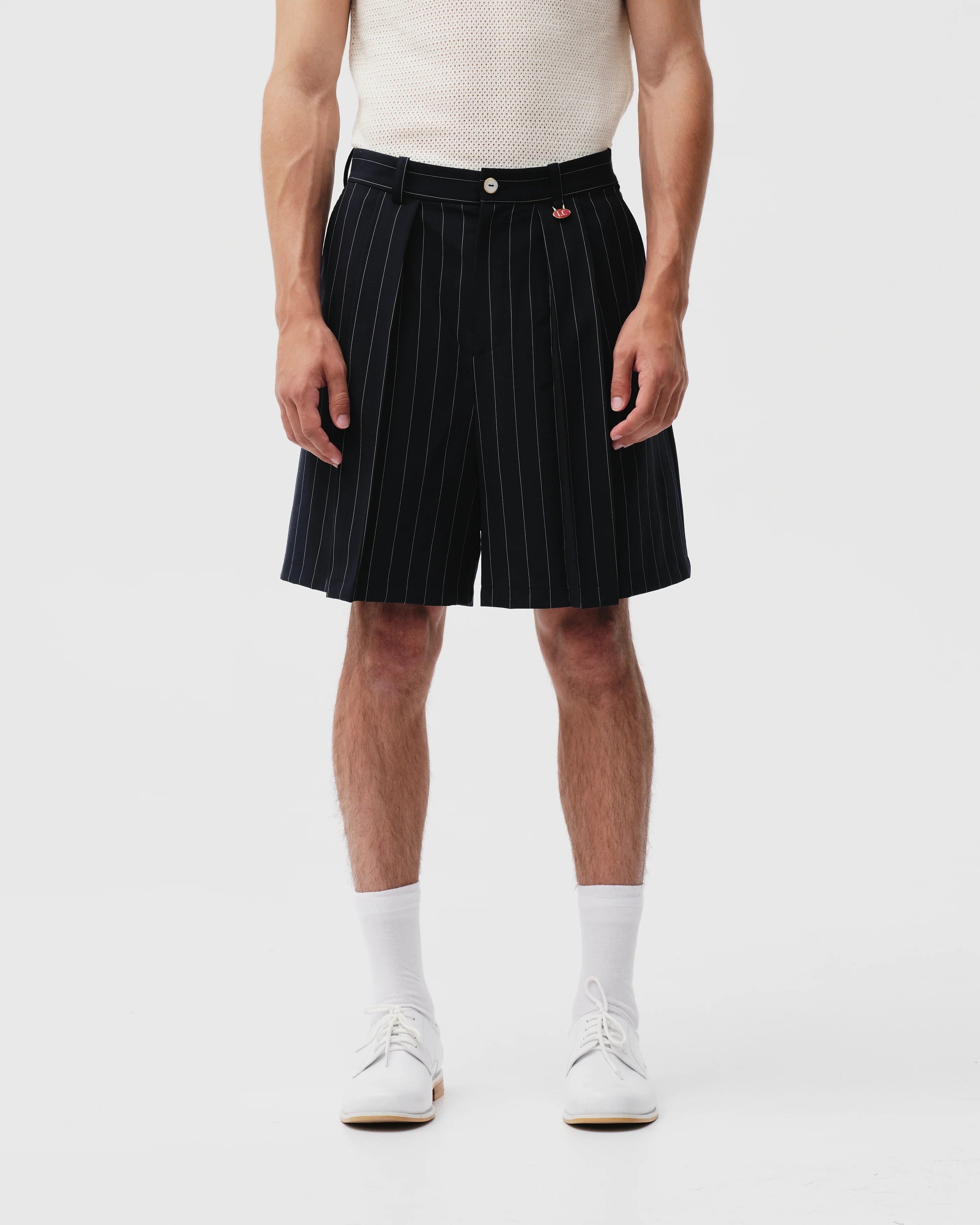 Navy Pinstripe Origami Shorts