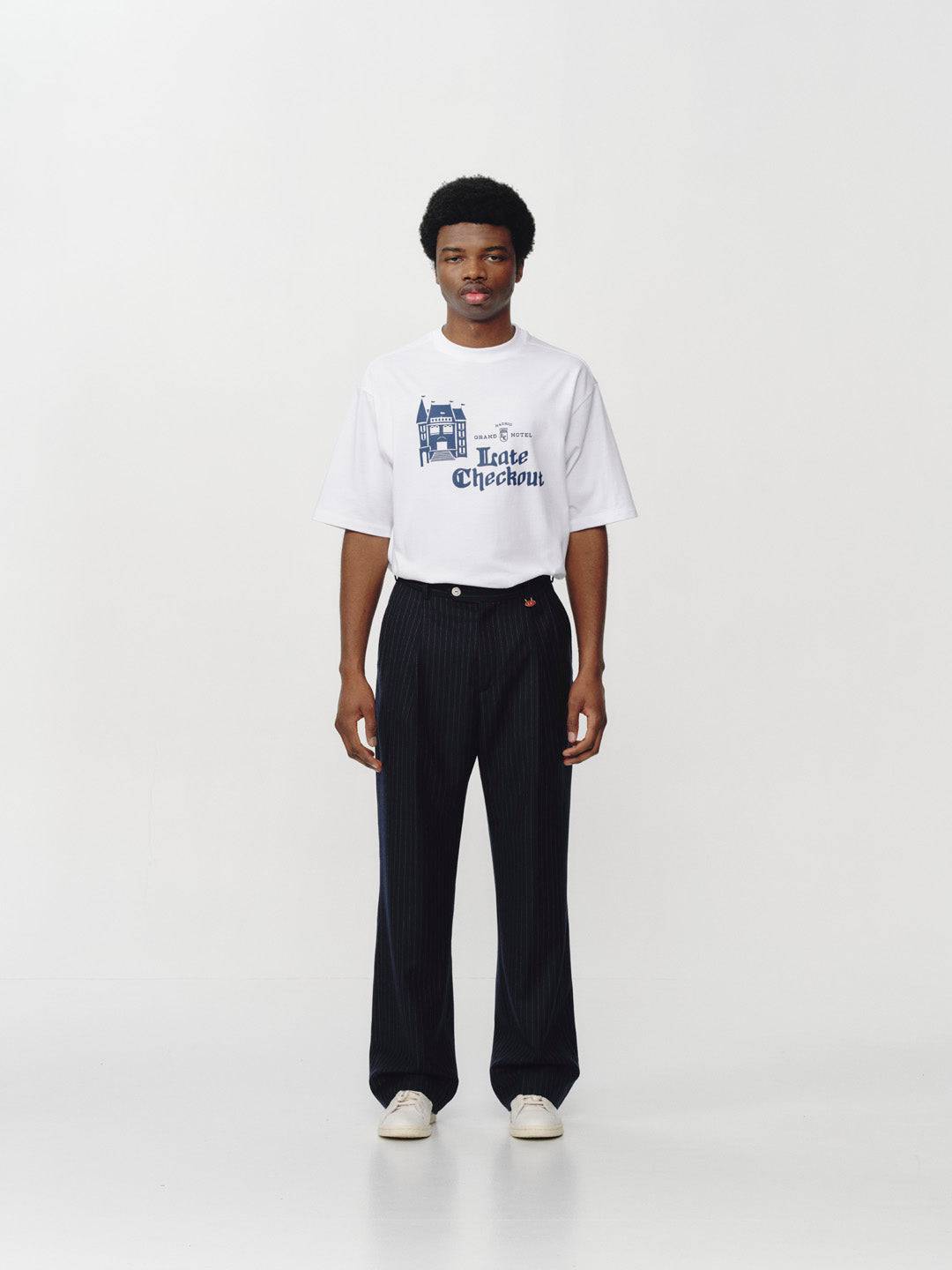 Late Checkout - Navy Pinstripe Double Pleat Trousers - Pants - thegoodlife.