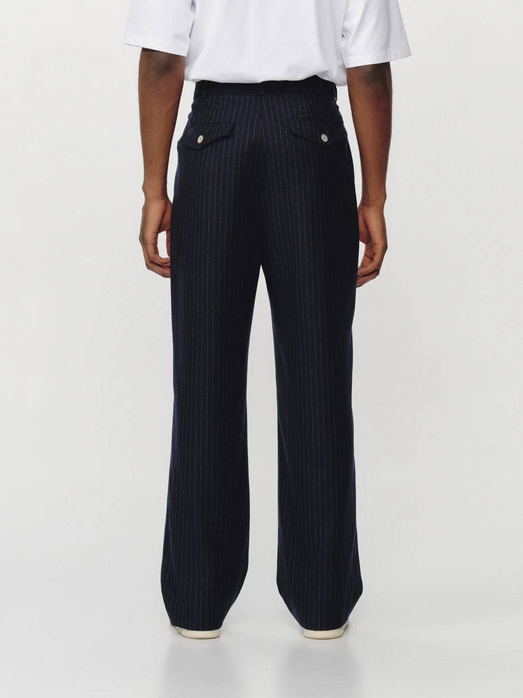 Late Checkout - Navy Pinstripe Double Pleat Trousers - Pants - thegoodlife.