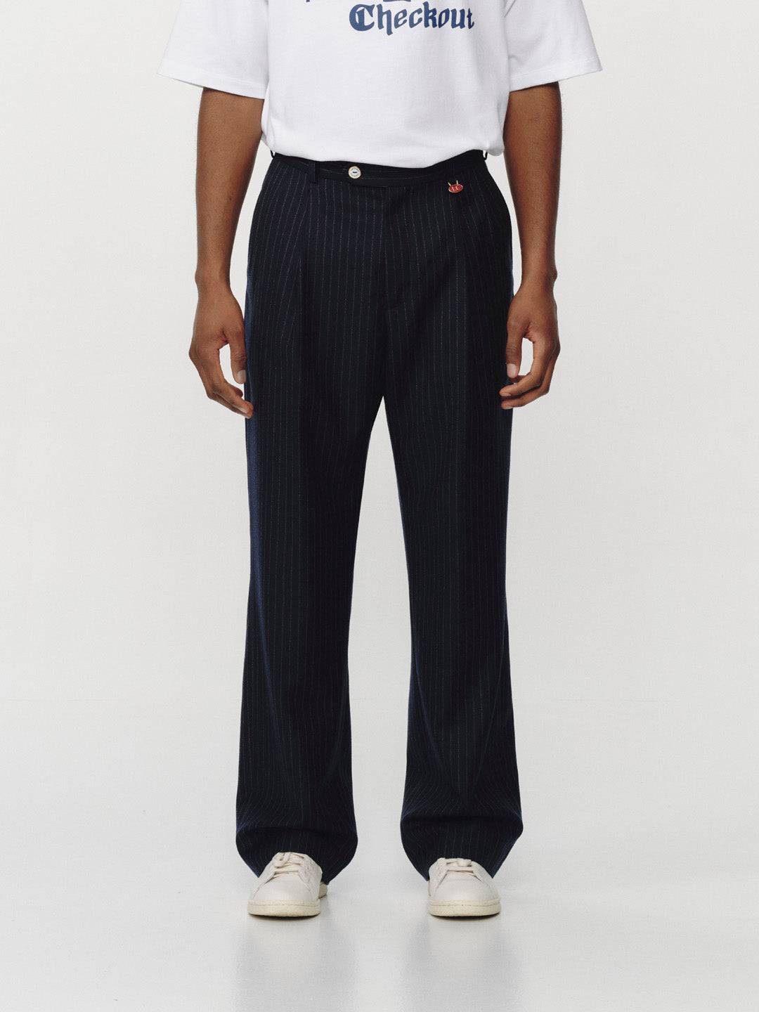 Navy Pinstripe Double Pleat Trousers