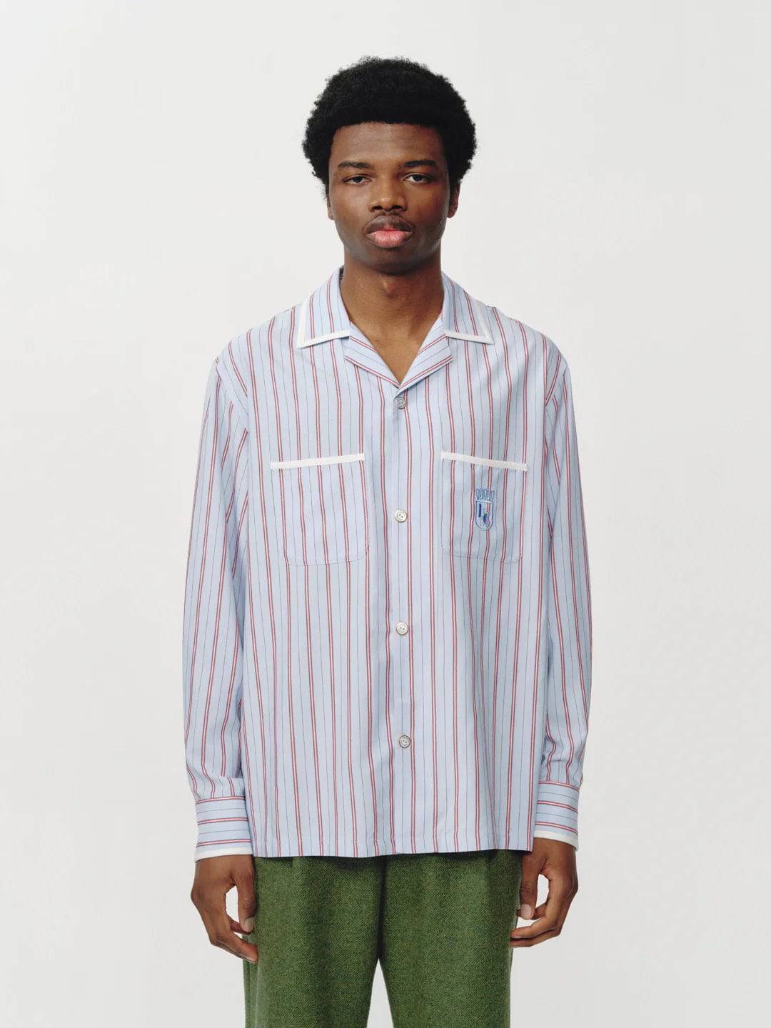 Light Blue/Red Striped Bowling Shirt